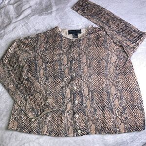 AUGUST SILK L Cardigan 100% Silk Long Sleeve Button Up Snake Skin Print Sweater